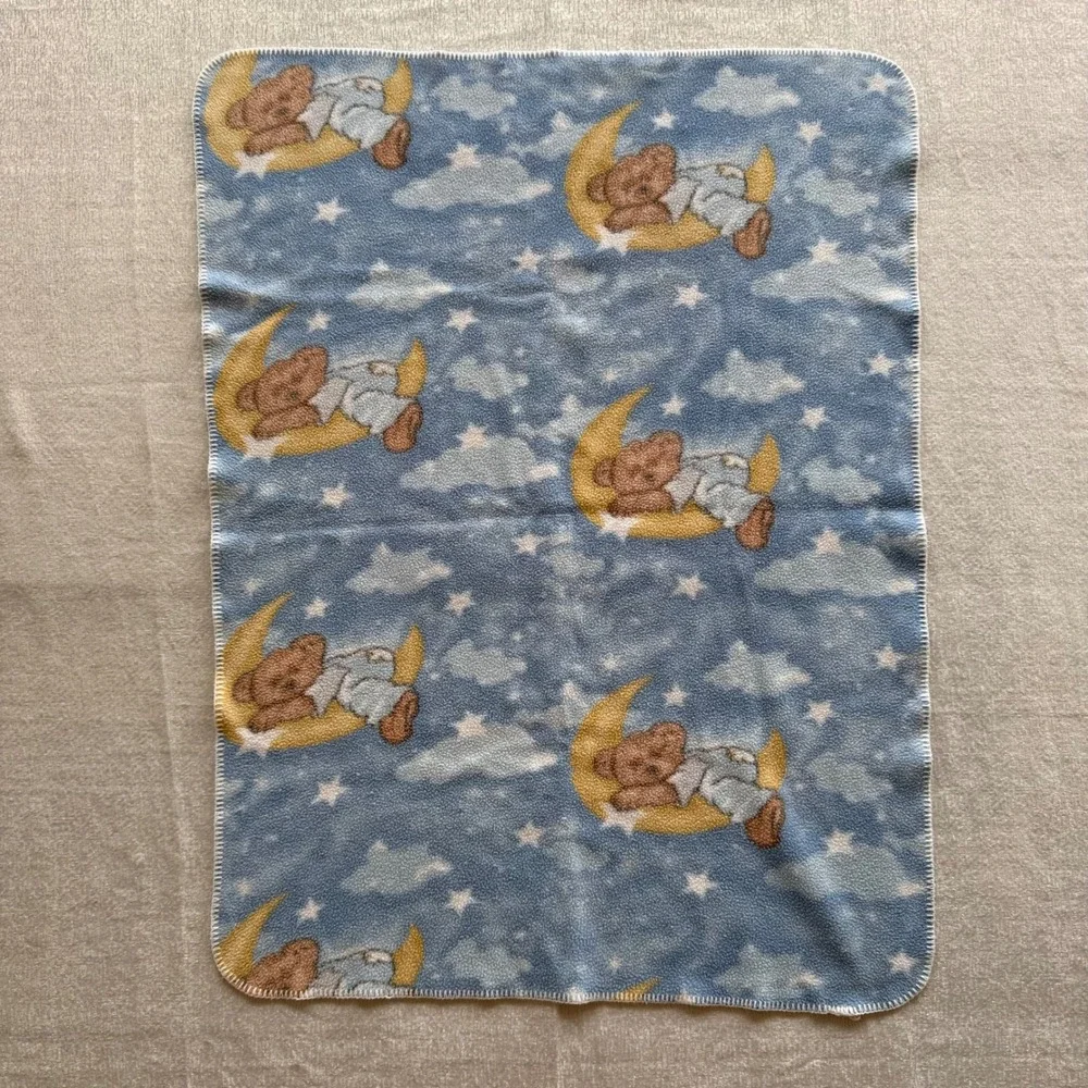 Vintage Dolly Boyd's Collection Teddy Bear Baby Blanket Moon Stars Blue 28x36